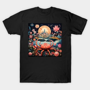 Surrealistic Folk Art Dark Floral Motif Crab Design T-Shirt